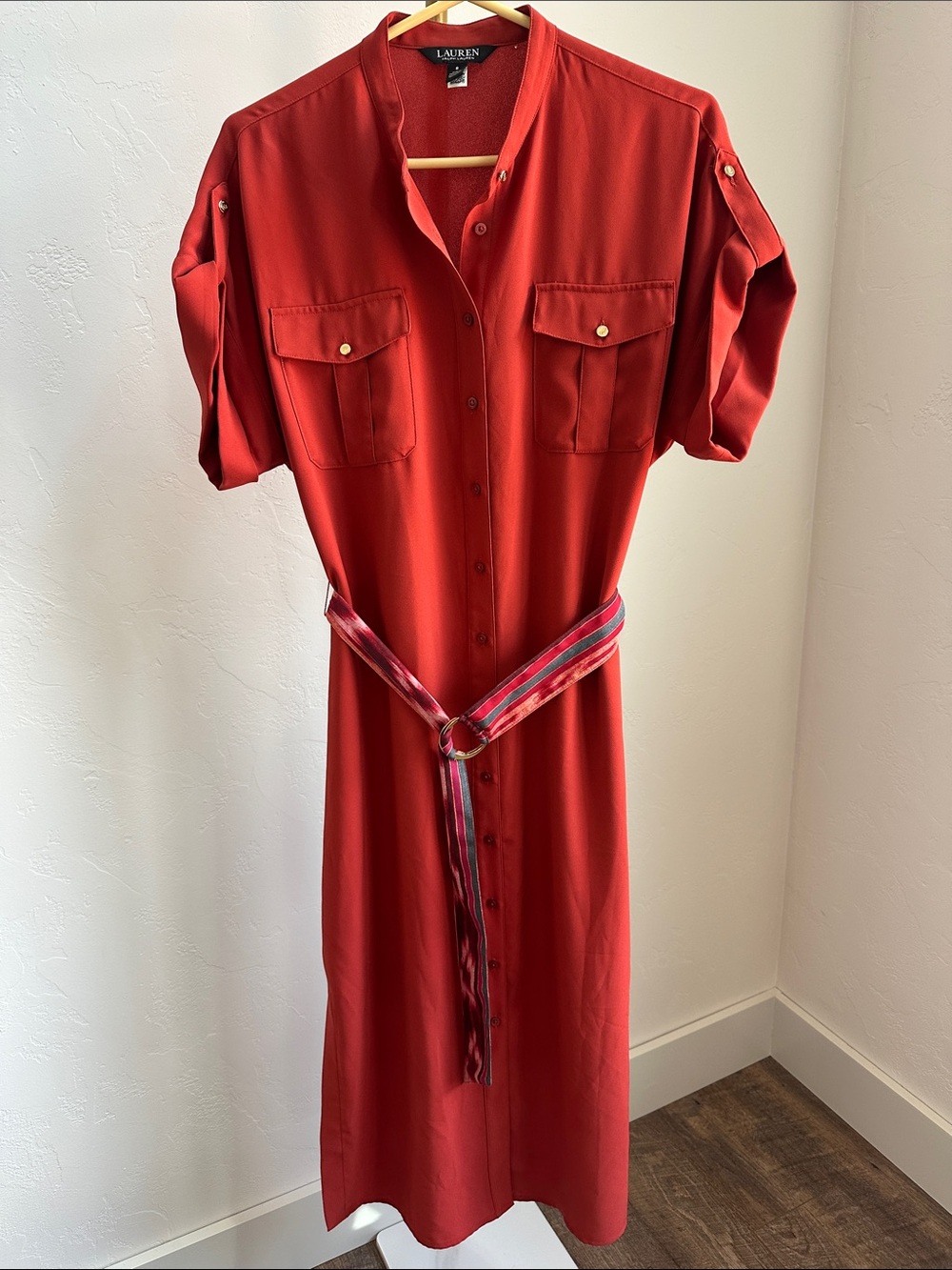Black Label Ralph Lauren Rust Red Midi Shirt Dress with Striped Belt